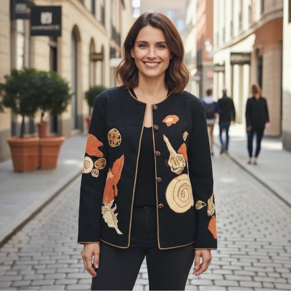 Vintage Allure Black Orange Fall Leaves Embroidered Autumn Blazer XL